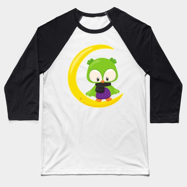 Halloween Owl, Cute Owl, Green Owl, Moon, Scarf Baseball T-Shirt by Jelena Dunčević